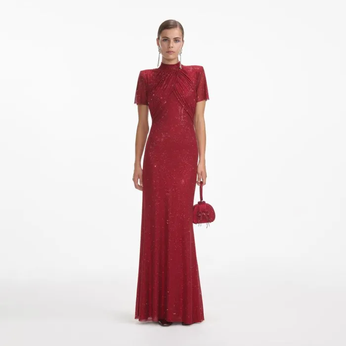 Red Rhinestone Mesh Maxi Dress Women Self Portrait Dresses