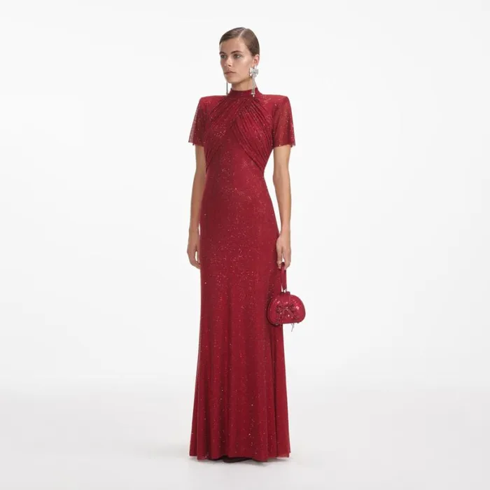 Red Rhinestone Mesh Maxi Dress Women Self Portrait Dresses