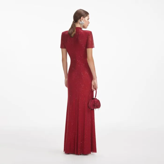 Red Rhinestone Mesh Maxi Dress Women Self Portrait Dresses