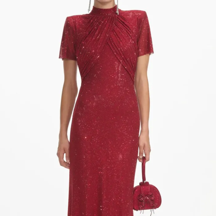 Red Rhinestone Mesh Maxi Dress Women Self Portrait Dresses