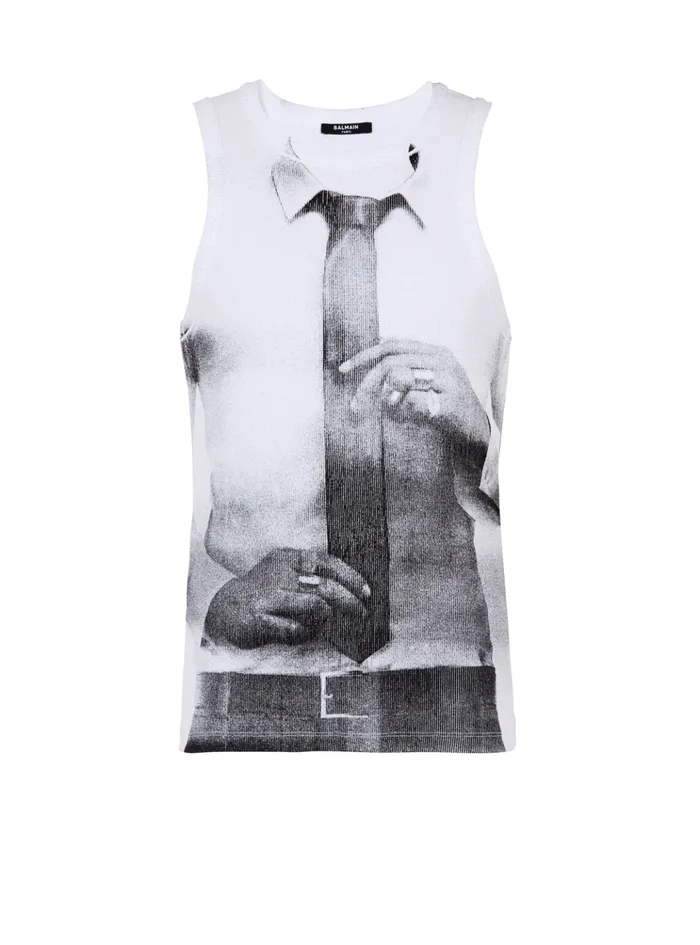 Ribbed Tank Top With Tie Print White Men Balmain TShirts