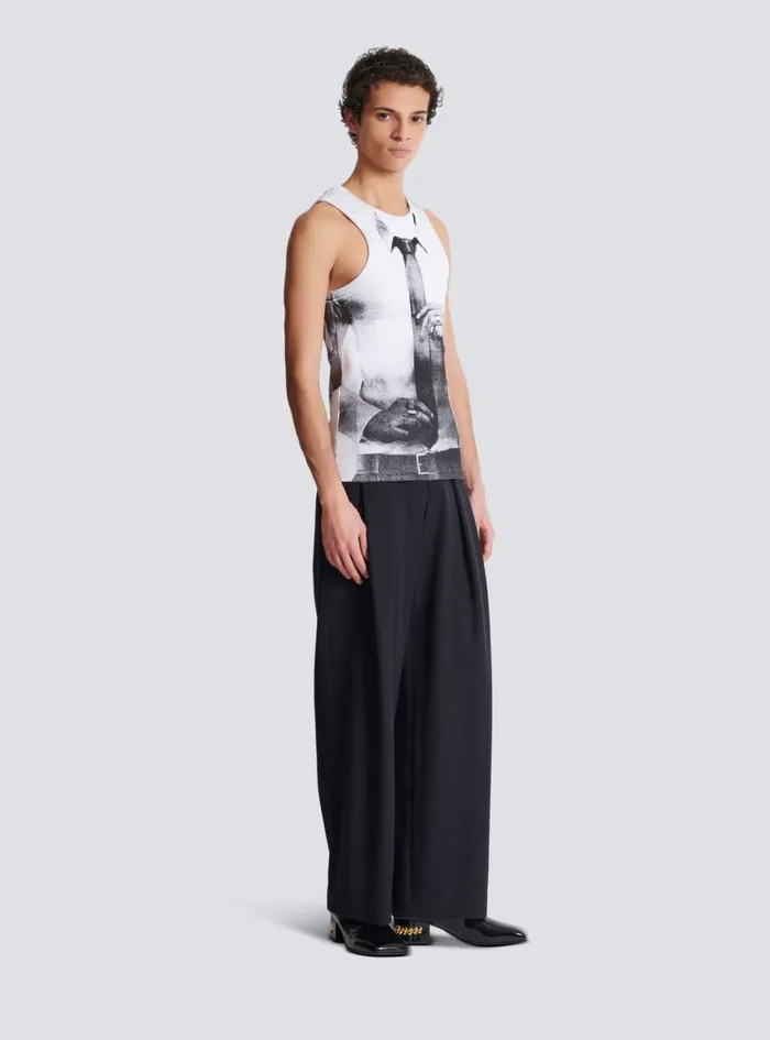 Ribbed Tank Top With Tie Print White Men Balmain TShirts