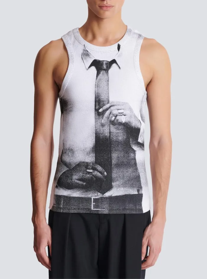 Ribbed Tank Top With Tie Print White Men Balmain TShirts