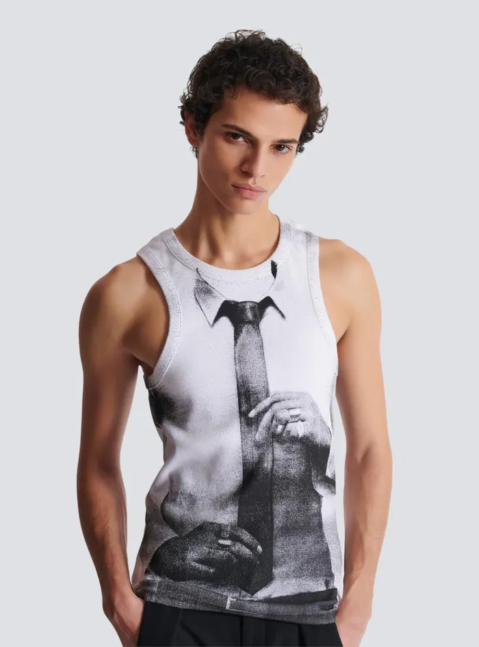 Ribbed Tank Top With Tie Print White Men Balmain TShirts