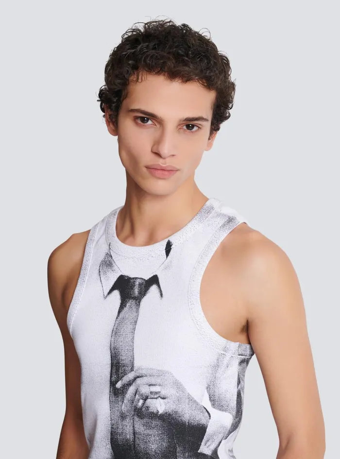 Ribbed Tank Top With Tie Print White Men Balmain TShirts