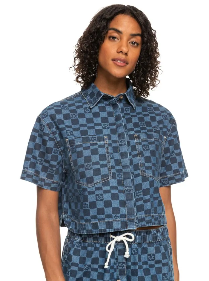 Roxy Tops Blue Wave Club Printed Short Sleeve Denim Shirt Mood Indigo Sol Power 8211 Women Roxy Tops Blue Wave Club Printed Short Sleeve Denim Shirt Mood Indigo Sol Power 8211 Women