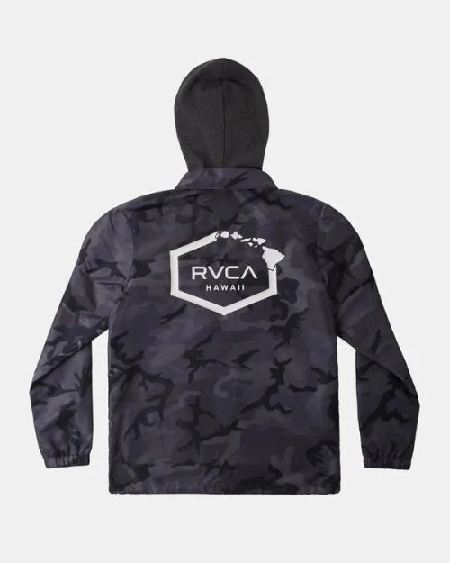 Rvca Island Hex Hooded Coaches Jacket Black Camo Men Jackets