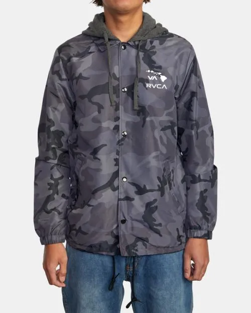 Rvca Island Hex Hooded Coaches Jacket Black Camo Men Jackets