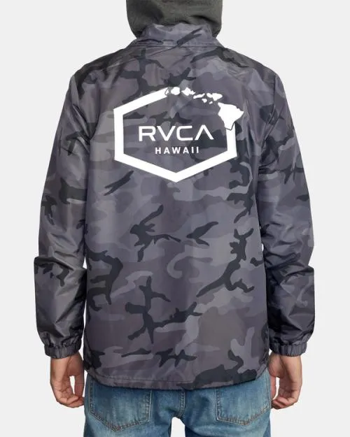 Rvca Island Hex Hooded Coaches Jacket Black Camo Men Jackets