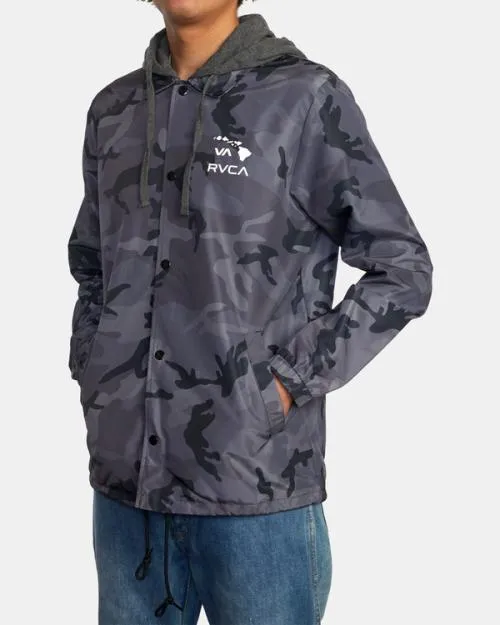Rvca Island Hex Hooded Coaches Jacket Black Camo Men Jackets