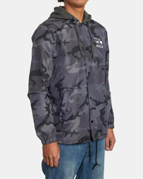 Rvca Island Hex Hooded Coaches Jacket Black Camo Men Jackets