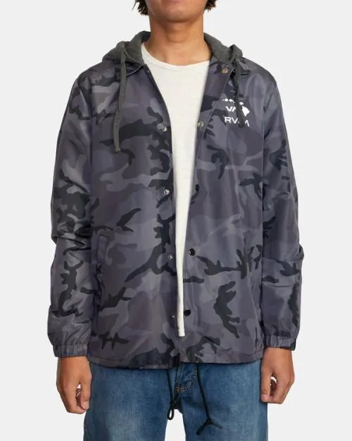 Rvca Island Hex Hooded Coaches Jacket Black Camo Men Jackets