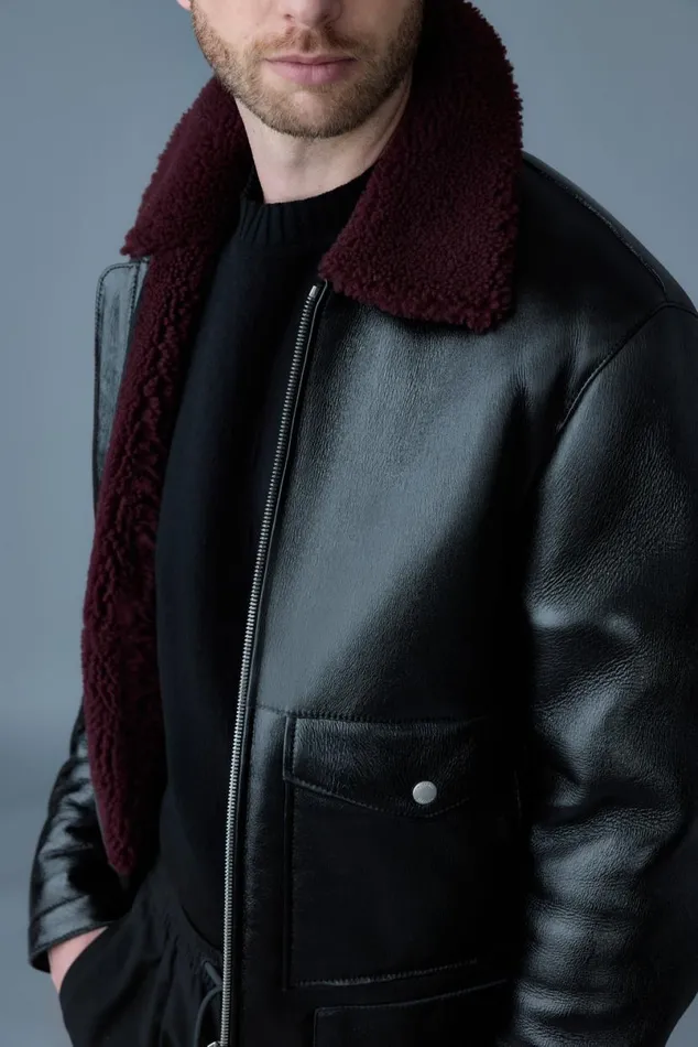 Shearling Jackets Men Mackage ENZO Sheepskin Jacket With Shearling Collar Blackgarnet
