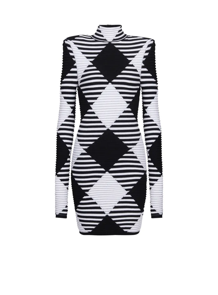 Short Dress In Rolled Gingham Knit Black Women Balmain Knitwear