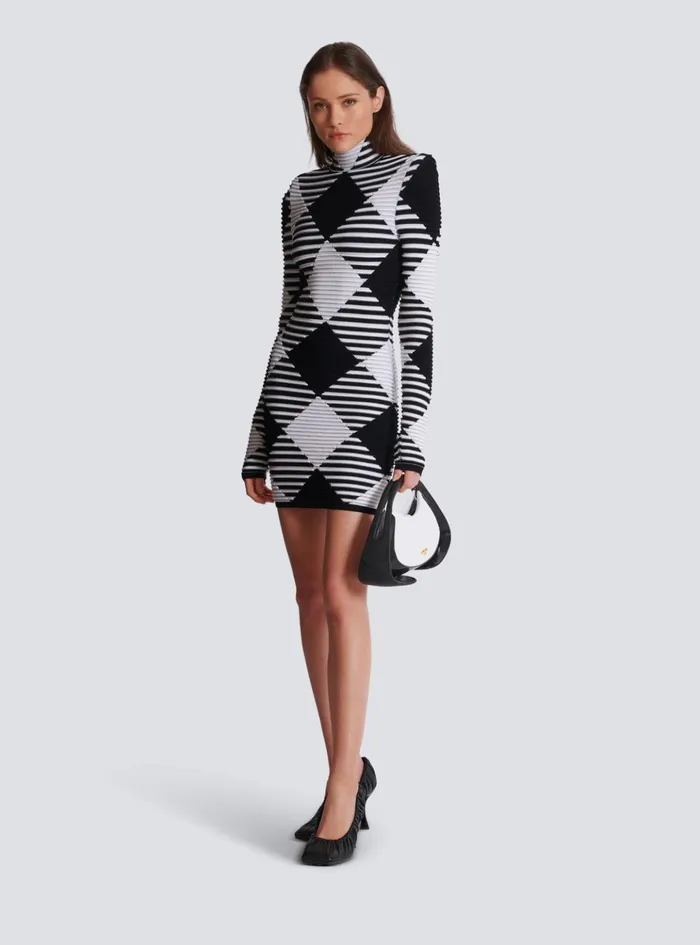 Short Dress In Rolled Gingham Knit Black Women Balmain Knitwear