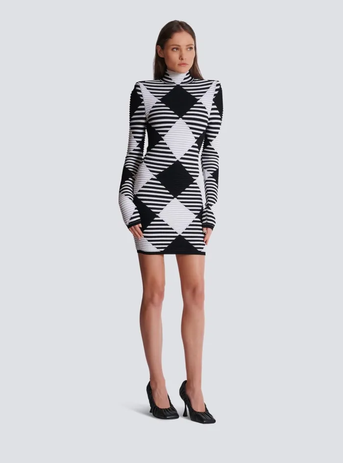 Short Dress In Rolled Gingham Knit Black Women Balmain Knitwear