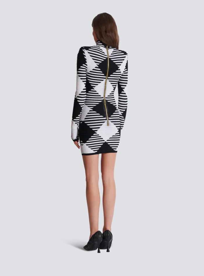 Short Dress In Rolled Gingham Knit Black Women Balmain Knitwear