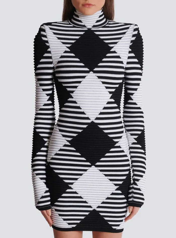 Short Dress In Rolled Gingham Knit Black Women Balmain Knitwear