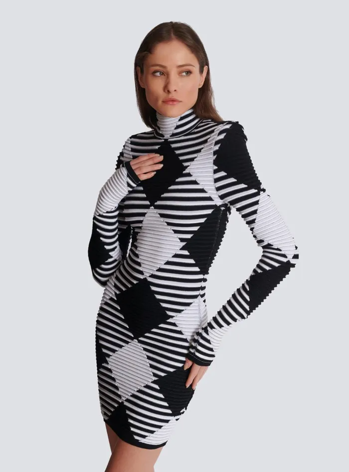 Short Dress In Rolled Gingham Knit Black Women Balmain Knitwear