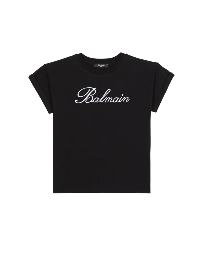 Shortsleeved Signature Rhinestone Tshirt Black Kids Balmain