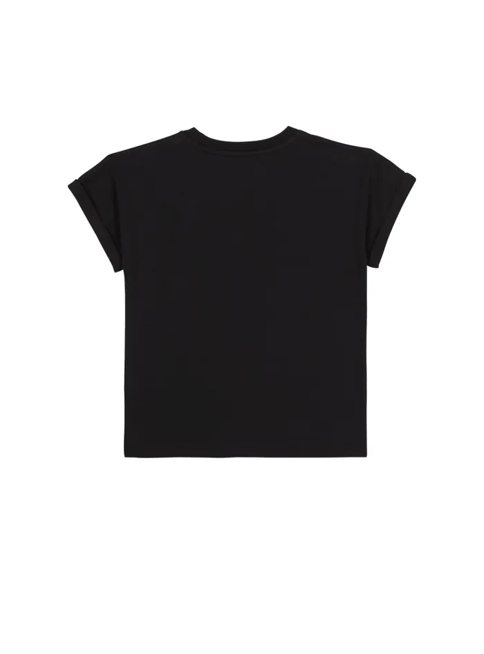 Shortsleeved Signature Rhinestone Tshirt Black Kids Balmain