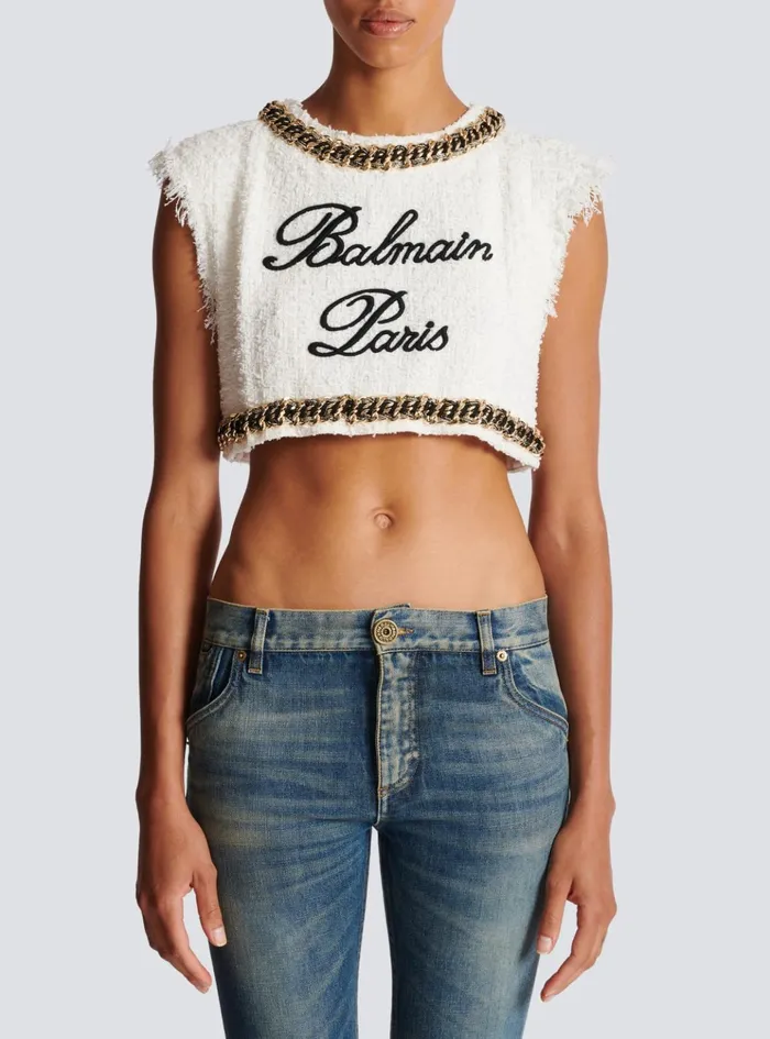 Signature Tweed Tank Top White Women Balmain Tops And Shirts
