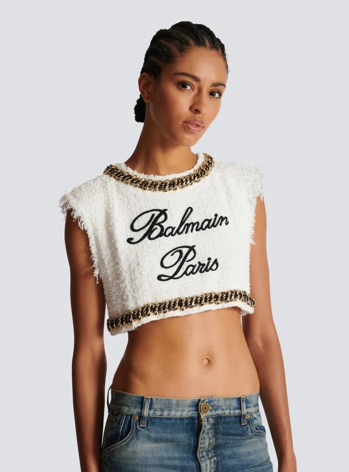 Signature Tweed Tank Top White Women Balmain Tops And Shirts