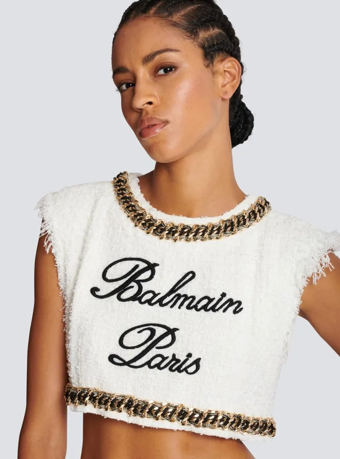 Signature Tweed Tank Top White Women Balmain Tops And Shirts