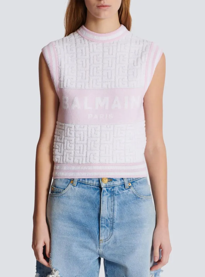 Sleeveless Monogram Knit Top Pink Women Balmain Tops And Shirts