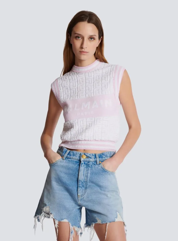 Sleeveless Monogram Knit Top Pink Women Balmain Tops And Shirts