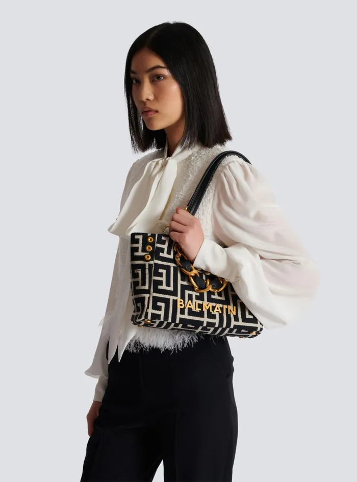 Small 1945 Soft Tote Bag Monogram Jacquard Fabric Black Women Balmain Handbags