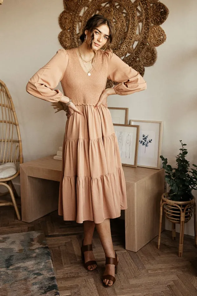Smocked Tiered Midi Dress In Pink Pink Women Bohme Dresses