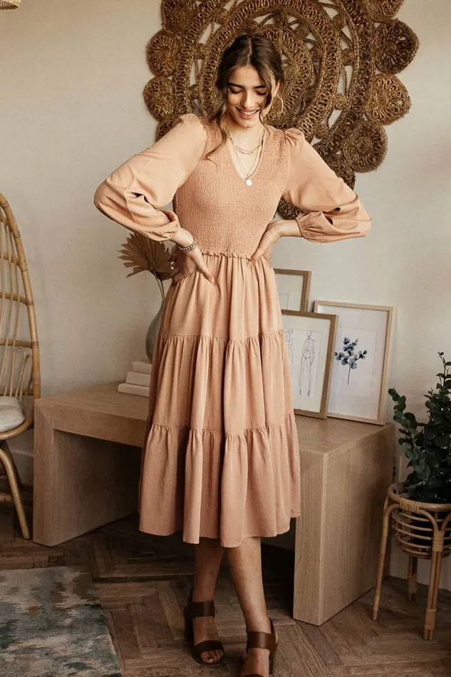 Smocked Tiered Midi Dress In Pink Pink Women Bohme Dresses