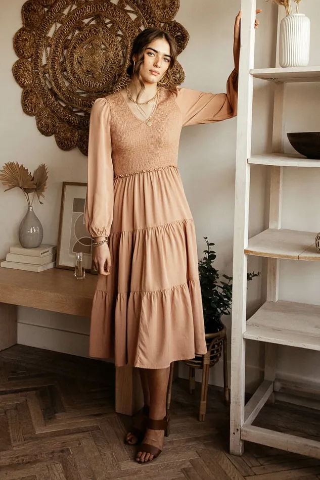 Smocked Tiered Midi Dress In Pink Pink Women Bohme Dresses