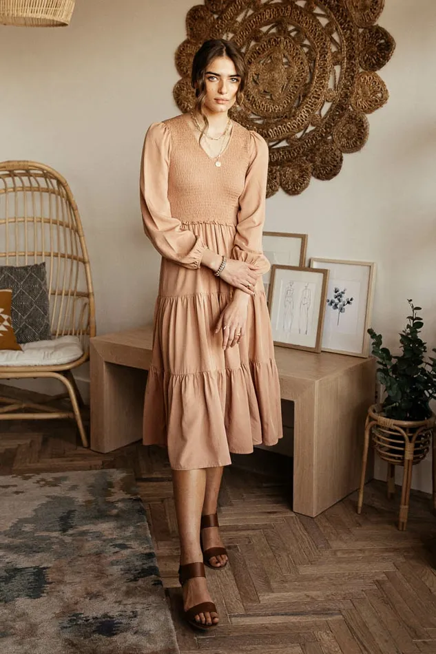 Smocked Tiered Midi Dress In Pink Pink Women Bohme Dresses