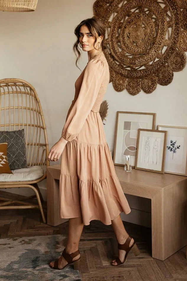 Smocked Tiered Midi Dress In Pink Pink Women Bohme Dresses