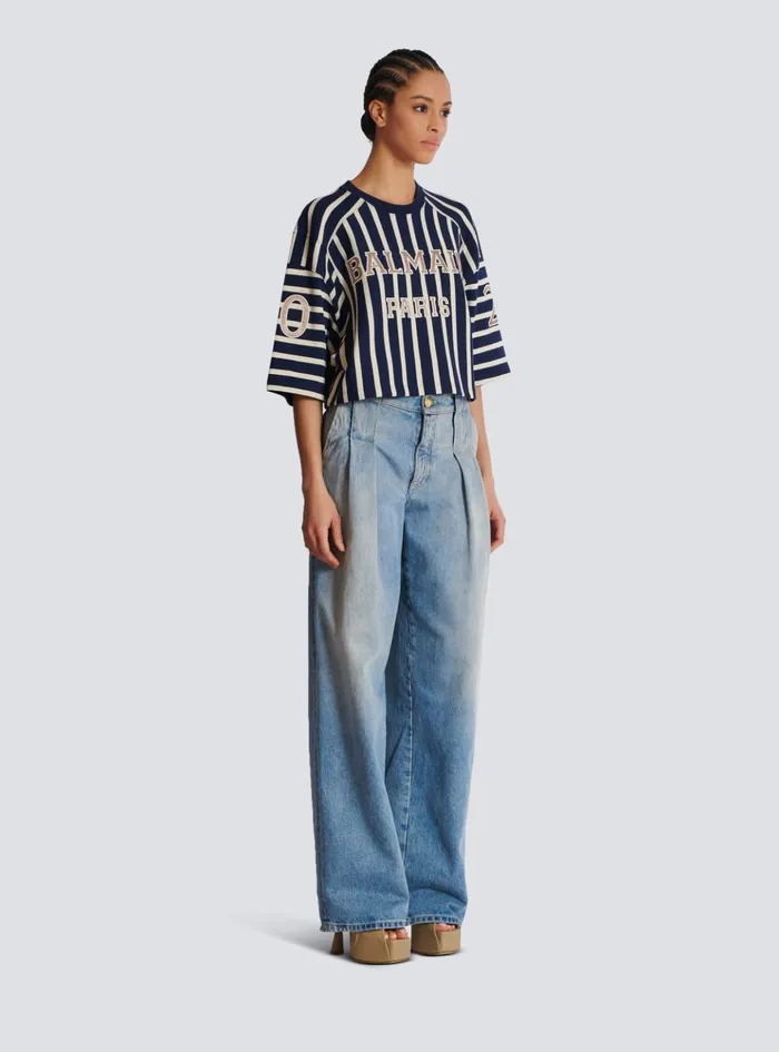 Striped Baseball Tshirt Navy Women Balmain TShirts