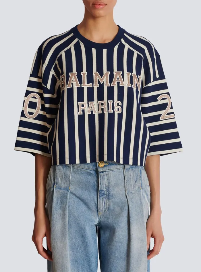 Striped Baseball Tshirt Navy Women Balmain TShirts