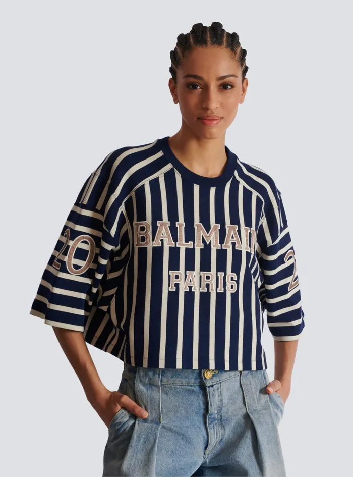 Striped Baseball Tshirt Navy Women Balmain TShirts