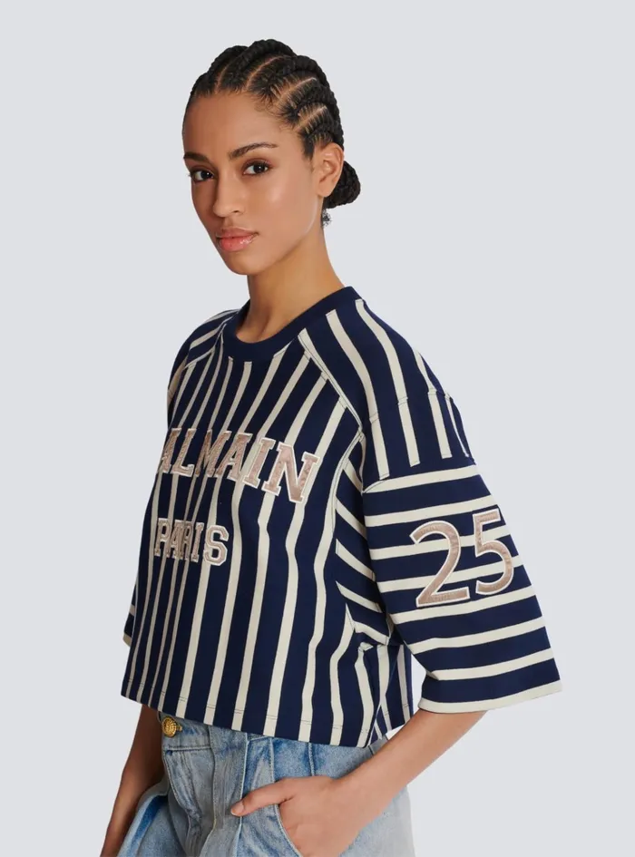 Striped Baseball Tshirt Navy Women Balmain TShirts