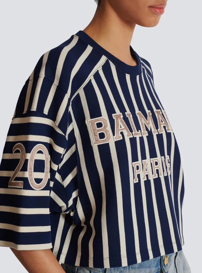 Striped Baseball Tshirt Navy Women Balmain TShirts