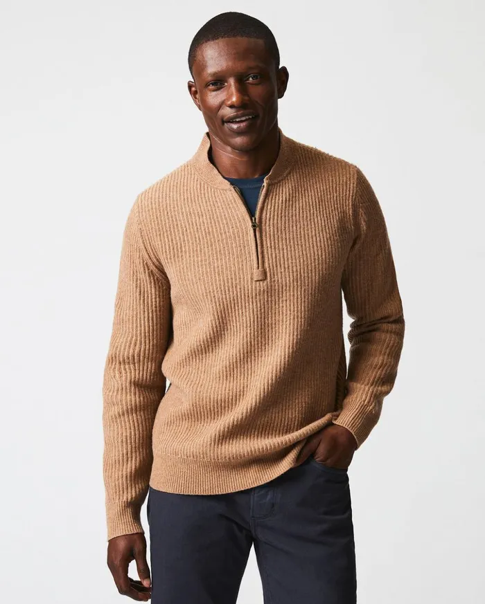 Sweaters and Sweatshirts Men Billy Reid Fisherman Rib Half Zip Cameltan