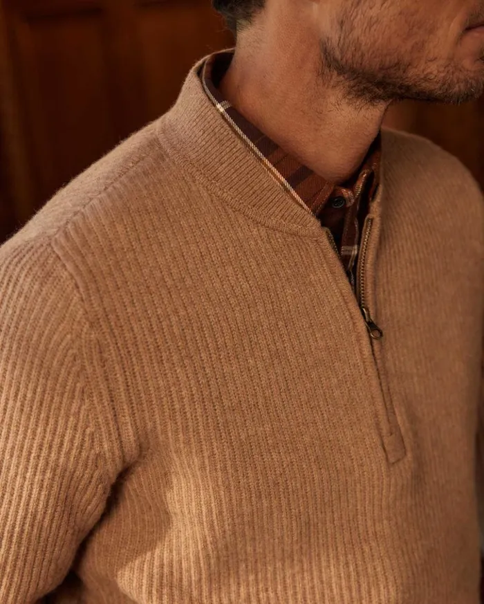 Sweaters and Sweatshirts Men Billy Reid Fisherman Rib Half Zip Cameltan