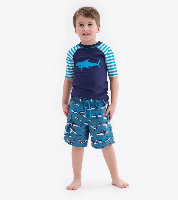 Swimwear Boys Hatley Shark Stripes Short Sleeve Rashguard