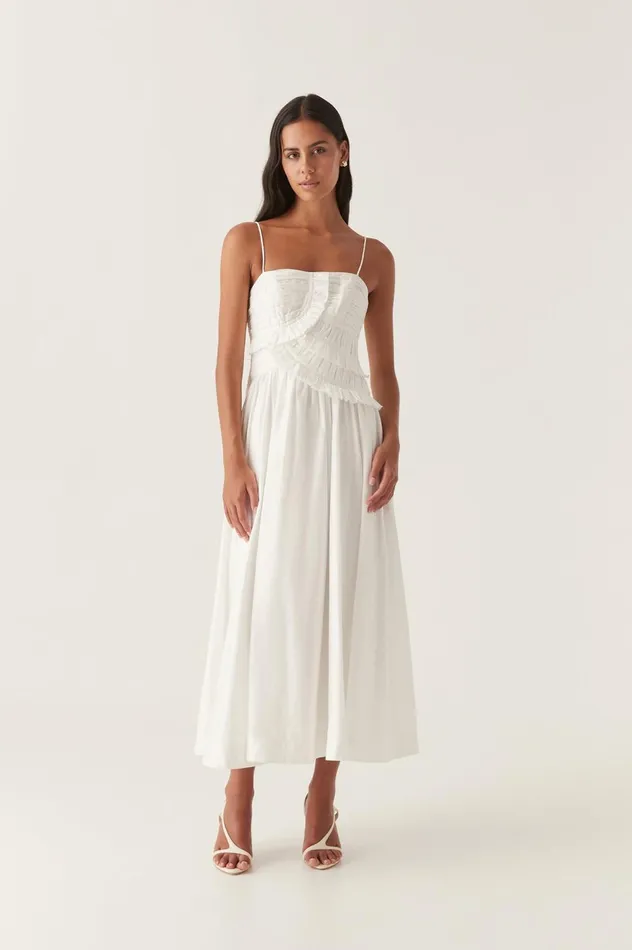 Synergy Frill Midi Dress Ivory Women Aje White Dresses