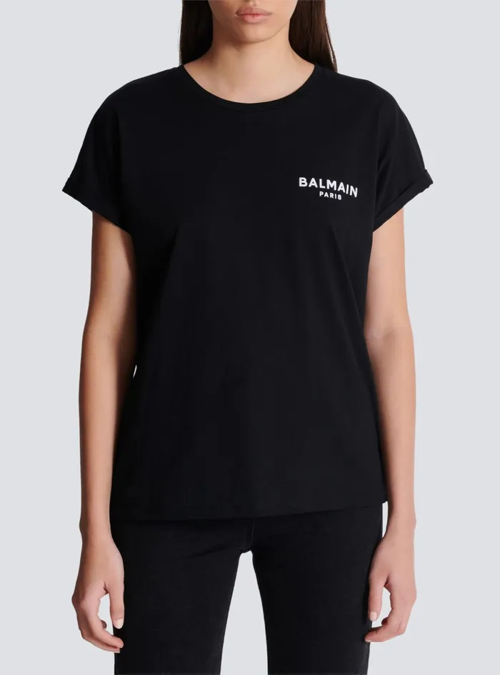 Tshirt With Flocked Paris Logo Black Women Balmain TShirts