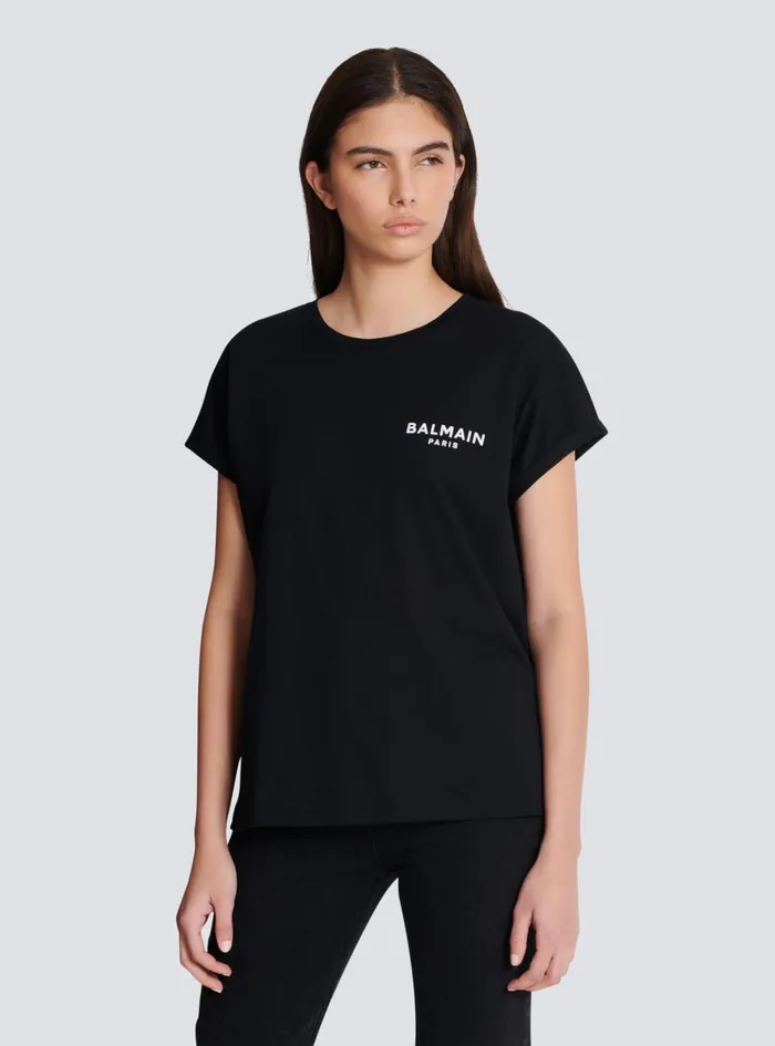 Tshirt With Flocked Paris Logo Black Women Balmain TShirts