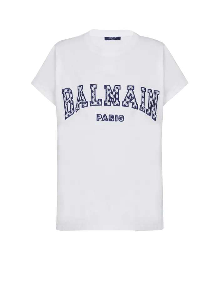Tshirt With Gingham Paris Lettering White Women Balmain TShirts
