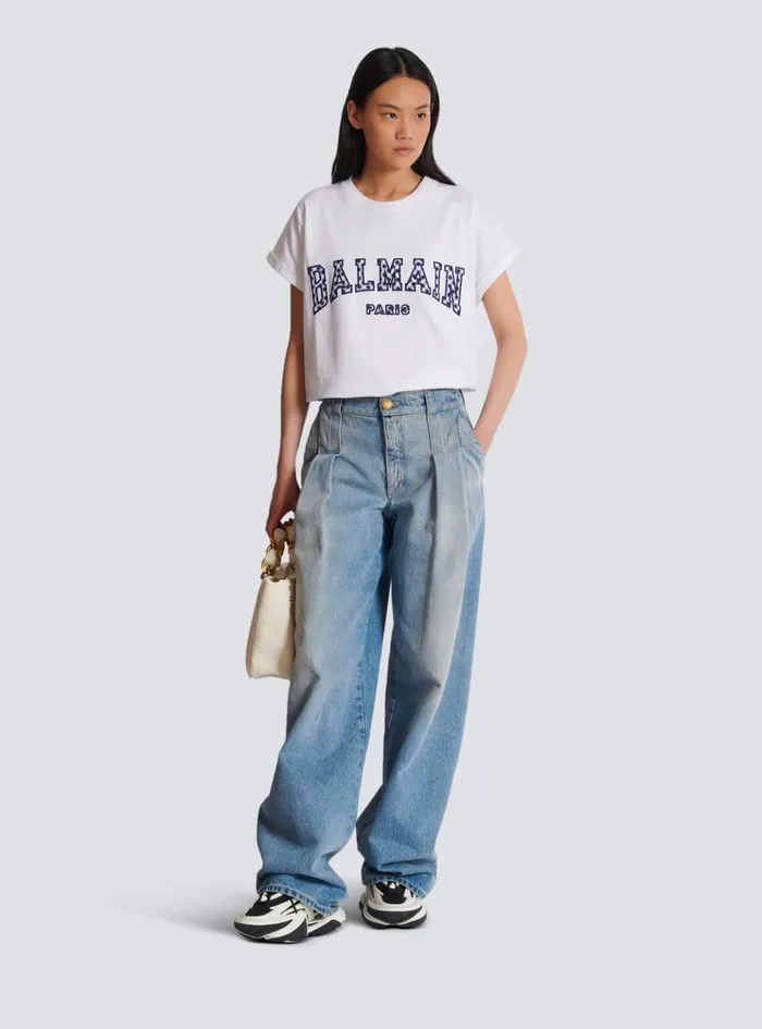 Tshirt With Gingham Paris Lettering White Women Balmain TShirts