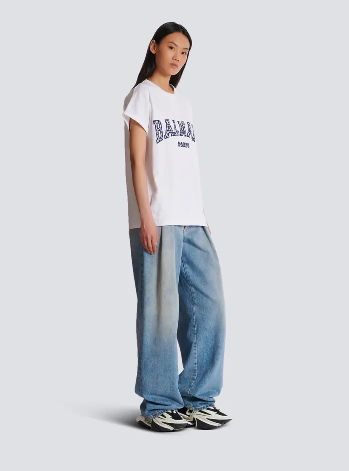 Tshirt With Gingham Paris Lettering White Women Balmain TShirts
